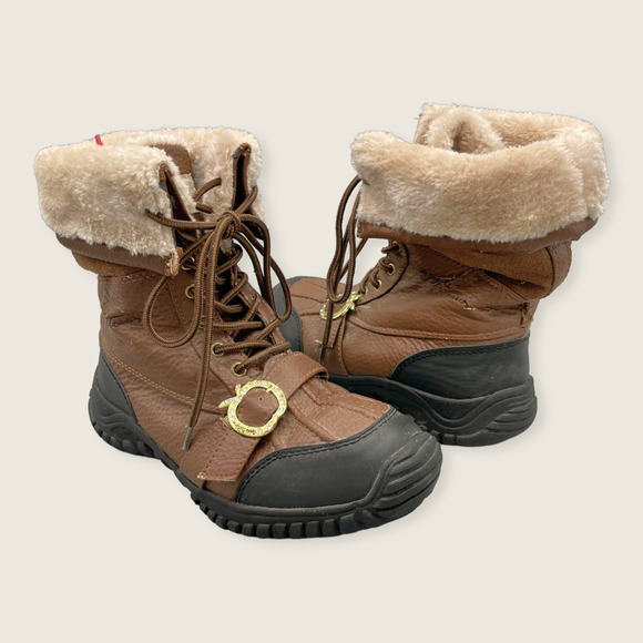 Apple Bottoms Narele Faux Fur Brown Vegan Material Buckle Lace Up Winter Boots 7 - Picture 1 of 9